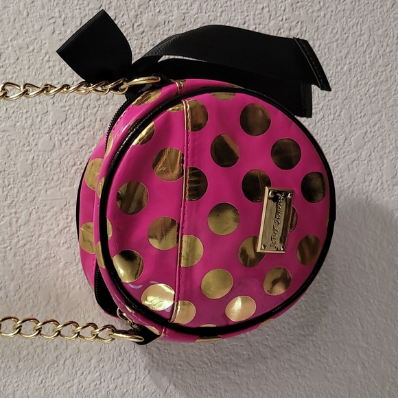 Betsey Johnson Pink Handbag with Gold Polka Dots and Black Bow and Strap - Picture 3 of 12